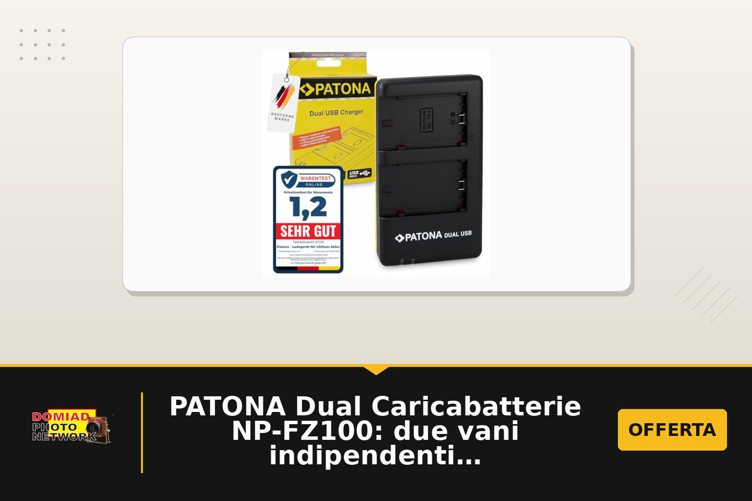 PATONA Dual Caricabatterie NP-FZ100: due vani indipendenti per una ricarica notturna completa